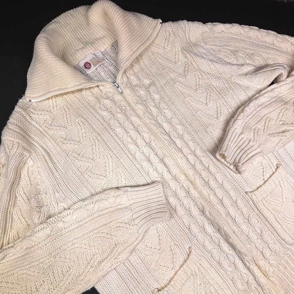 VTG Kings Road Sears Mens XL Cable Knit Cardigan Sweater Full Zip Cream Grunge